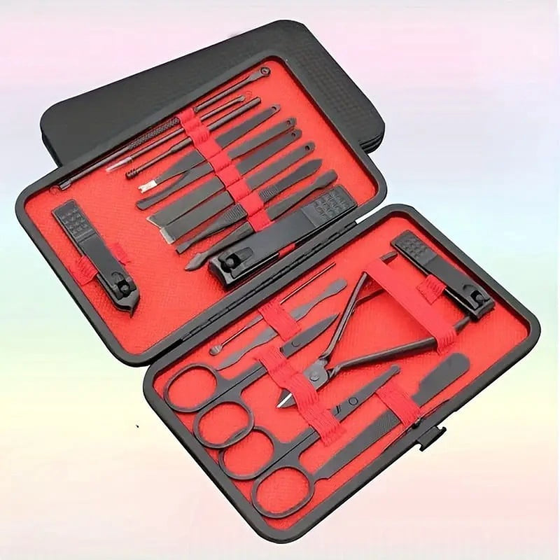 The open case at an angle showing clippers, scissors, files, tweezers and picks