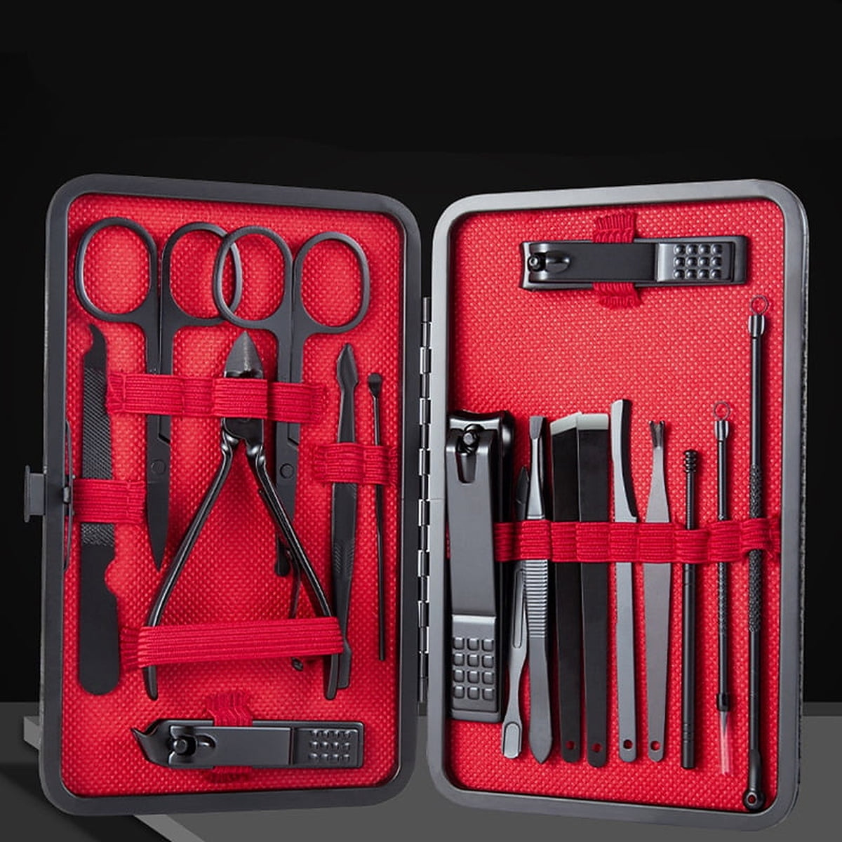 Close view of the scissors, cuticle nipper and clippers in their loops