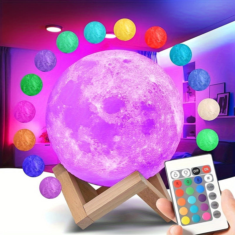 Moon lamp glowing purple on its wooden cradle with the remote held beside it