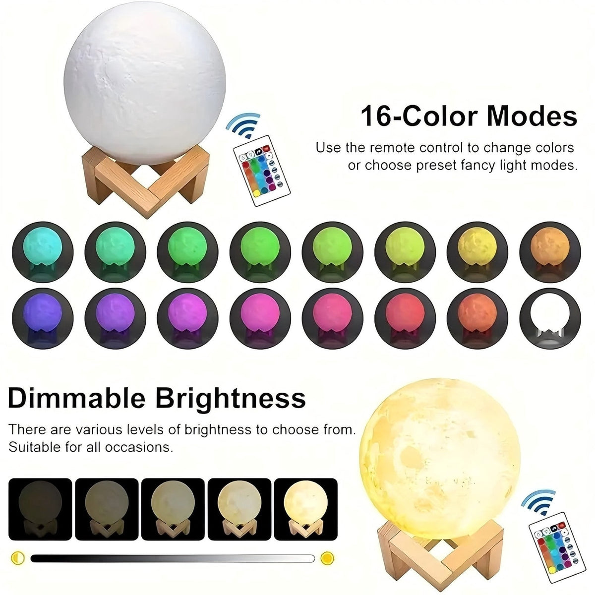The 16 colour modes on the remote, and five brightness steps from dim to full