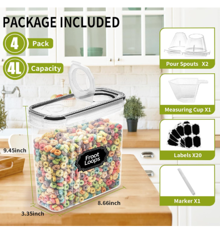 4-Piece Set: Airtight Cereal Storage Containers with Pour Spouts & Measuring Cup – 4L Kitchen Pantry Organizer