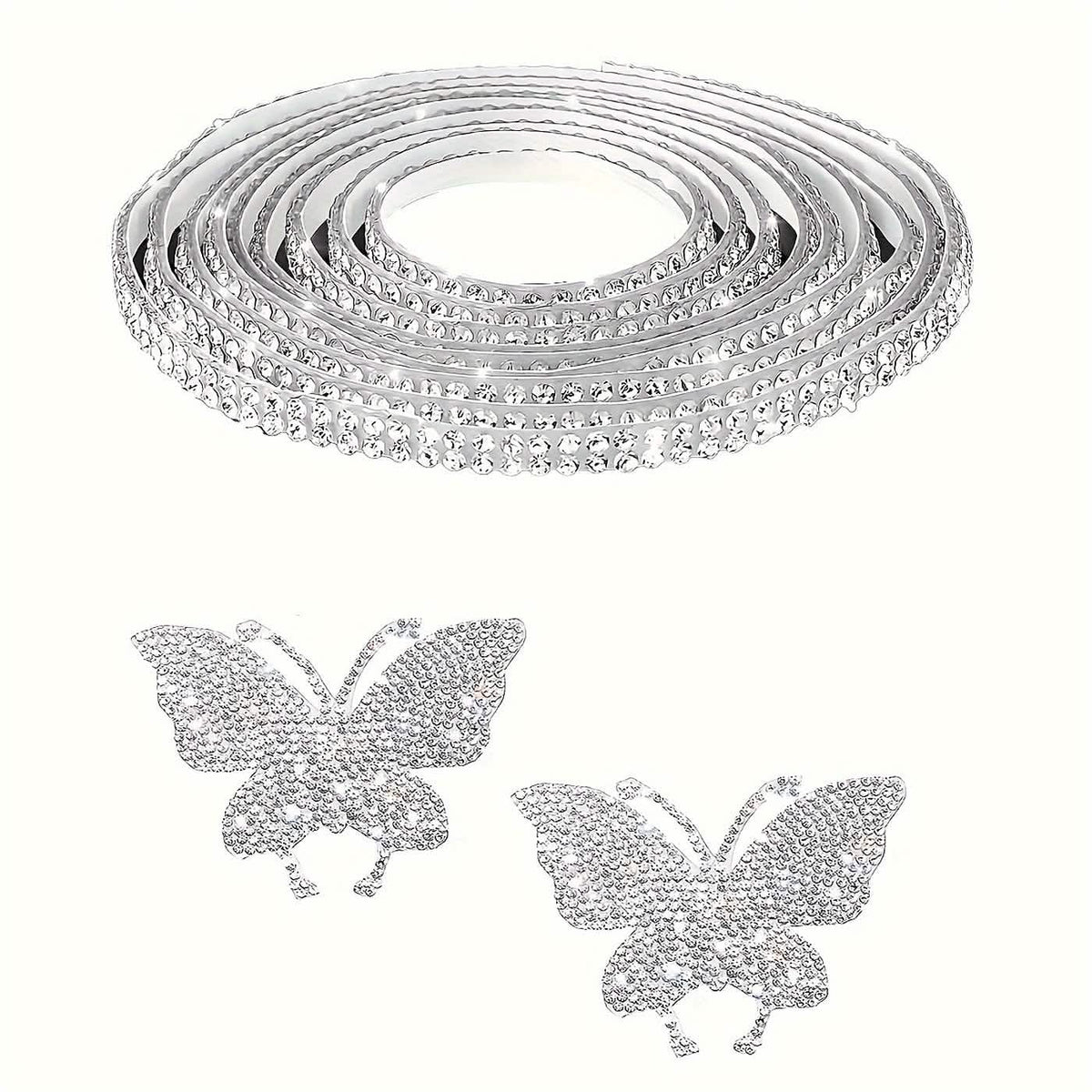 The coiled rhinestone strip above the two rhinestone butterfly decals