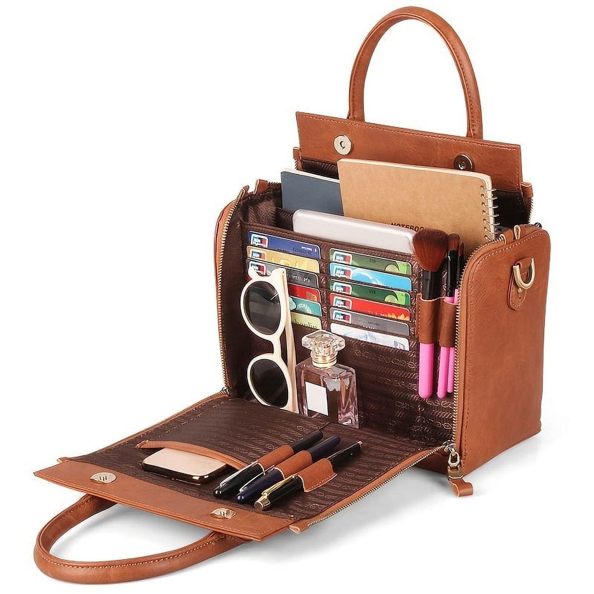 Both sides folded down, showing rows of card slots, pen loops and open pockets loaded with cards, glasses and brushes