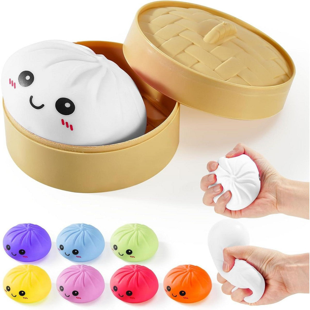 Dumpling squishy stress ball in a mini steamer basket with lid, shown being squeezed, plus available colors