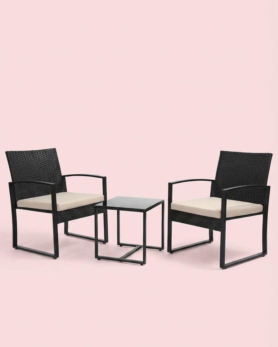 3-Piece Outdoor Patio Furniture Set – Wicker Chairs + Bar Table with Cushions
