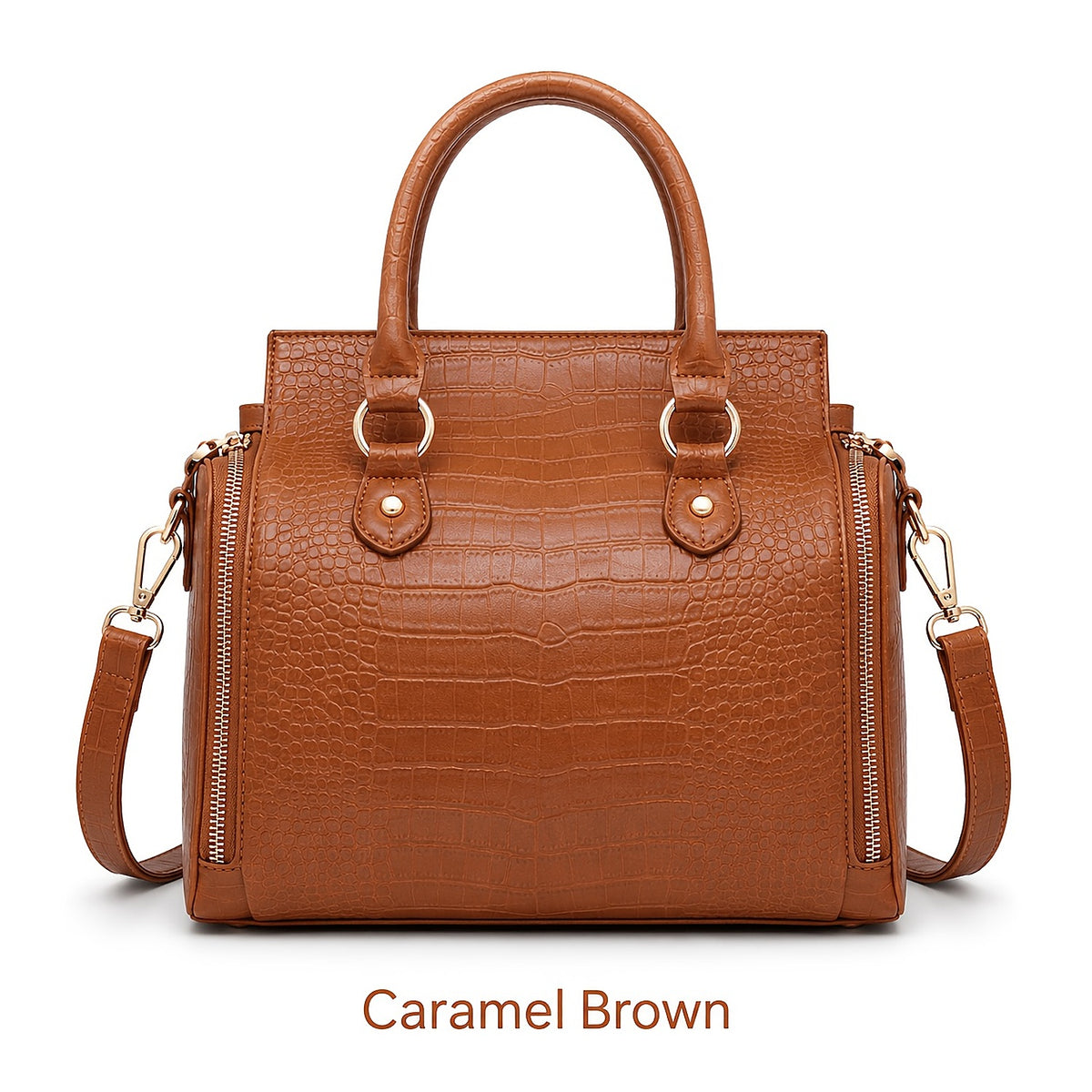 The bag in Caramel Brown, front view with the crossbody strap attached