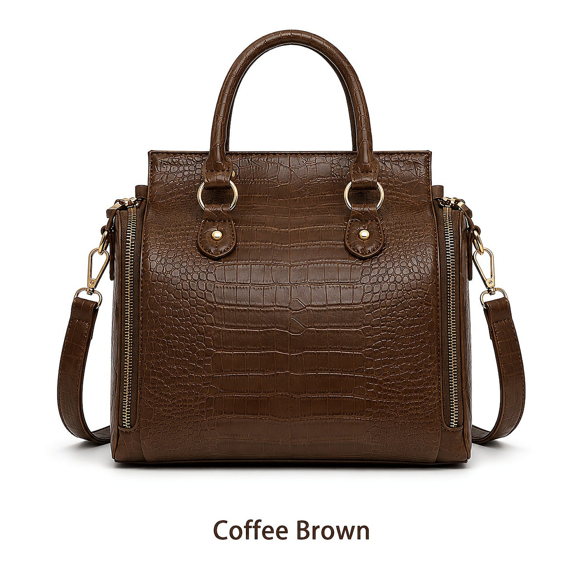 The bag in Coffee Brown, front view with the crossbody strap attached