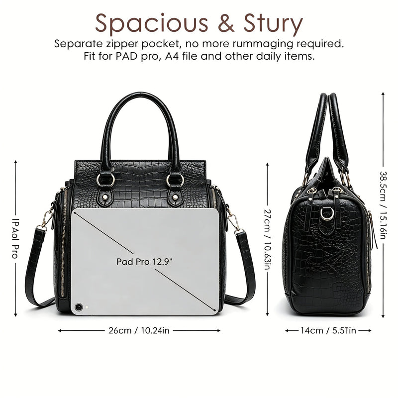 Dimensions: 26 cm / 10.24 in wide, 27 cm / 10.63 in tall and 14 cm / 5.51 in deep, 38.5 cm / 15.16 in including the handles, shown fitting a 12.9 inch iPad Pro