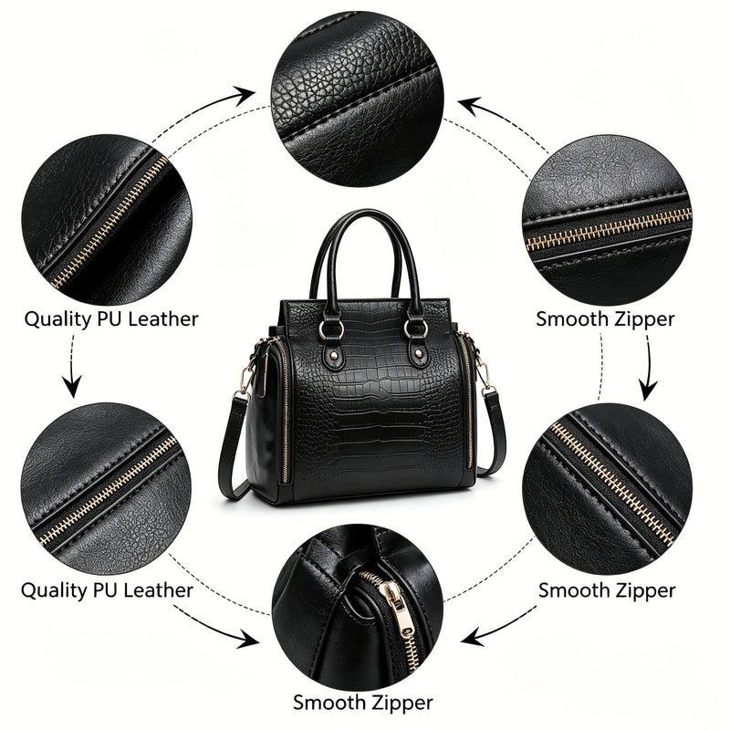 Close views of the PU leather grain and the zippers around the bag