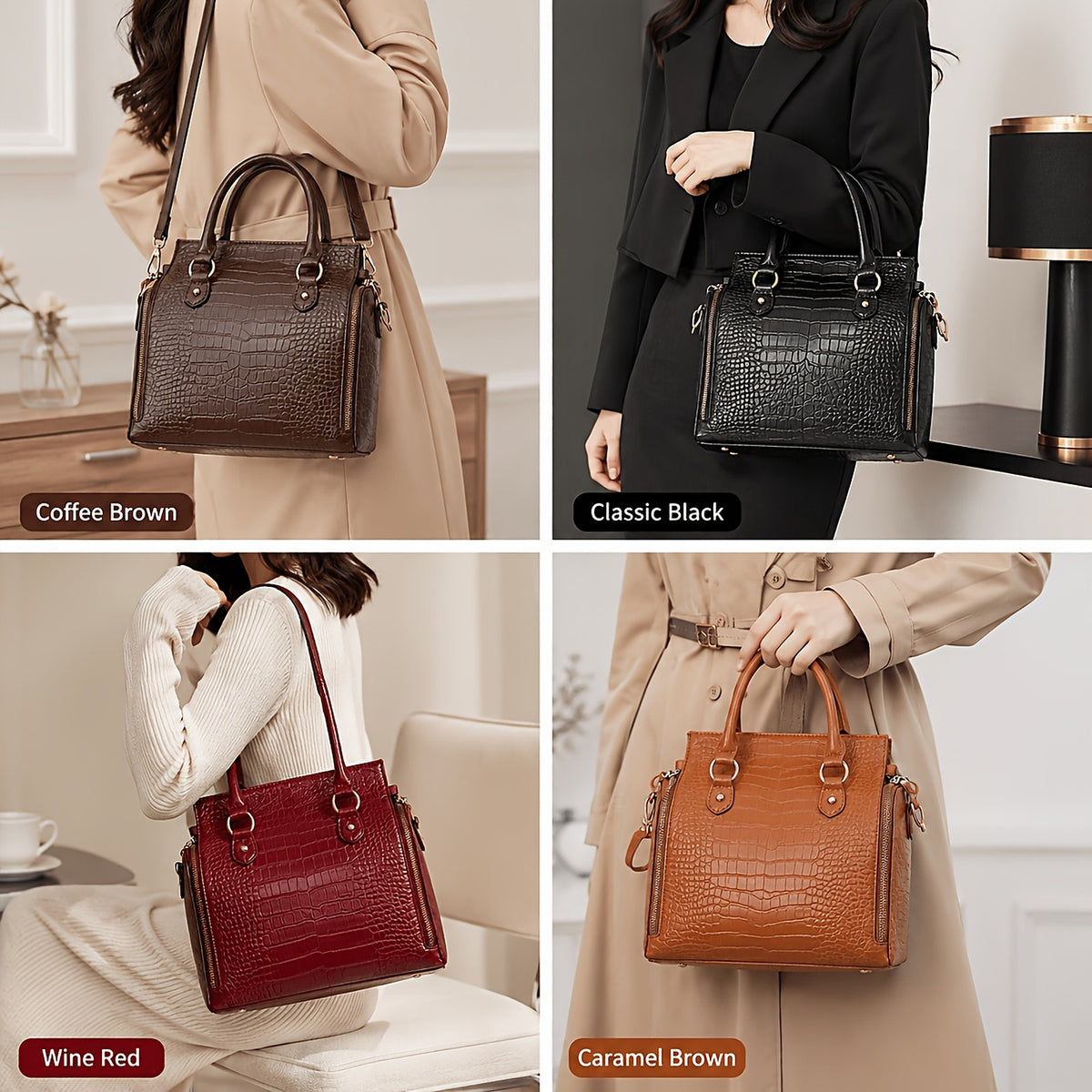 All four finishes carried by hand and on the shoulder: Coffee Brown, Classic Black, Wine Red and Caramel Brown