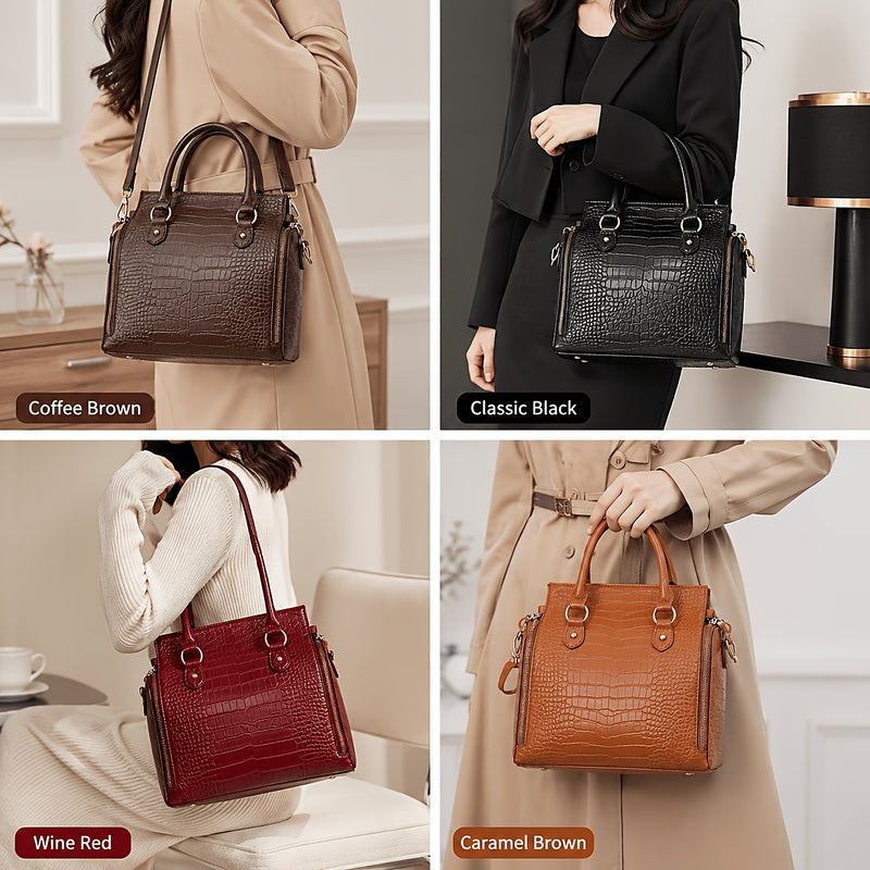 All four finishes carried by hand and on the shoulder: Coffee Brown, Classic Black, Wine Red and Caramel Brown