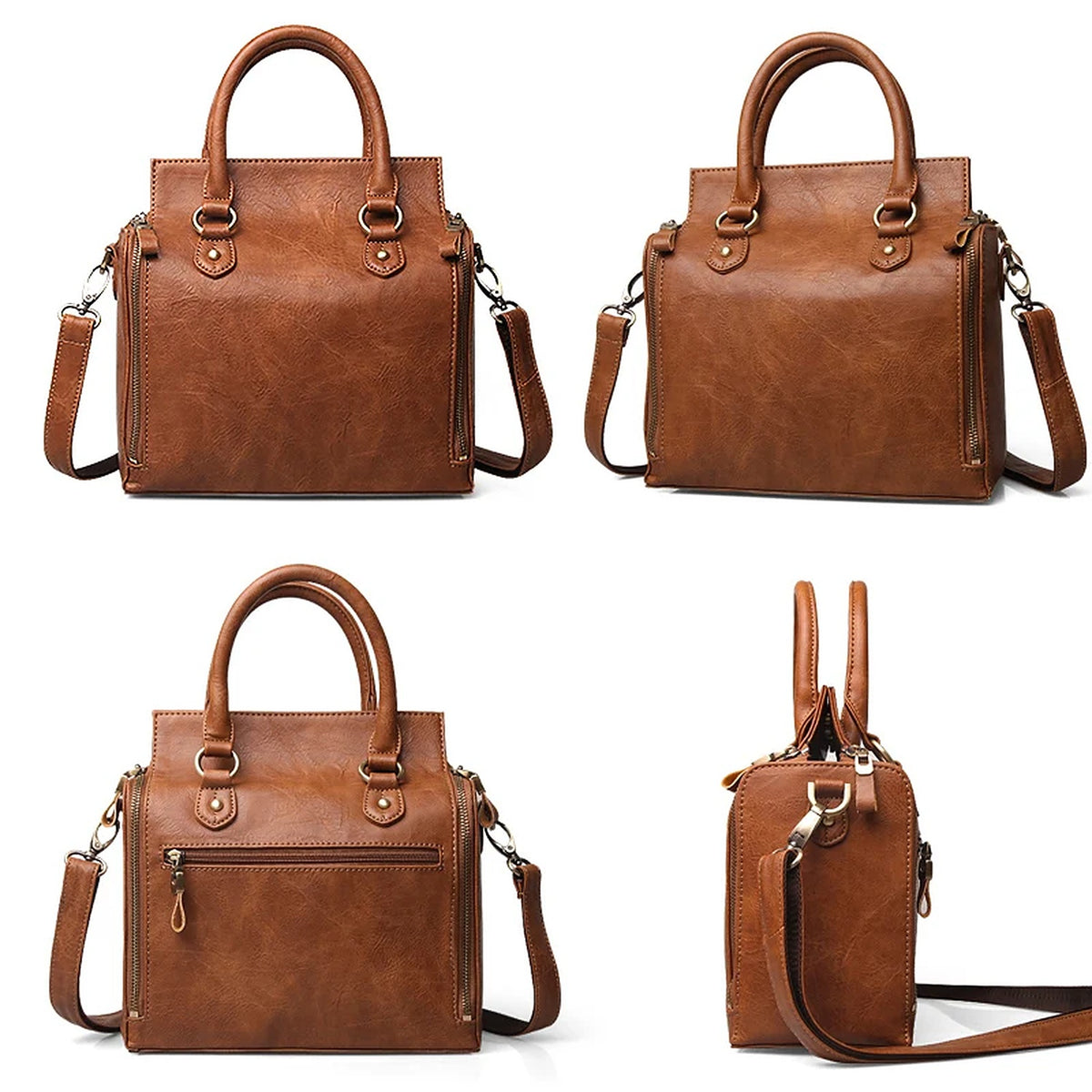 Four views of the light brown bag: front, back, three quarter and side profile with the strap