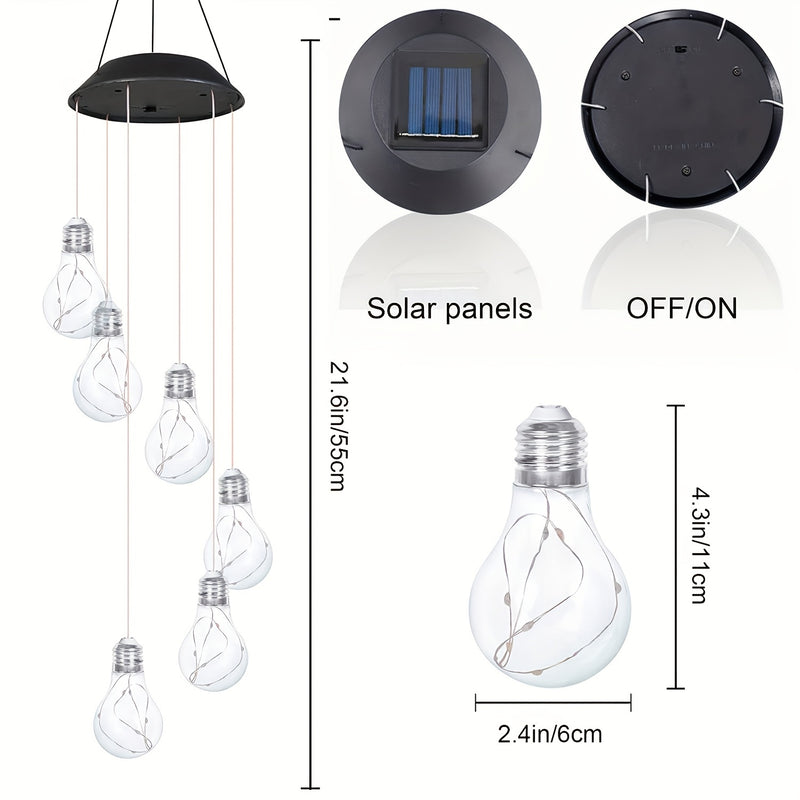 Dimensions: 55 cm / 21.6 in overall, each bulb 11 cm / 4.3 in tall and 6 cm / 2.4 in wide, with the solar panel and on-off switch on the cap