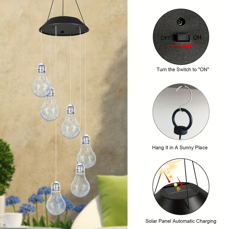 Hung unlit beside a patio chair in daylight, with the three setup steps: switch on, hang in a sunny place, solar panel charges automatically