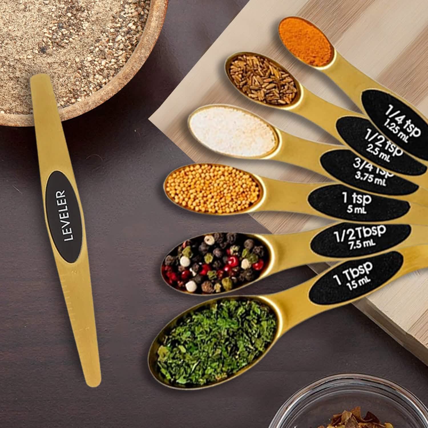 8-Piece: Double Sided Stackable Copper Magnetic Measuring Spoons Set with Leveler