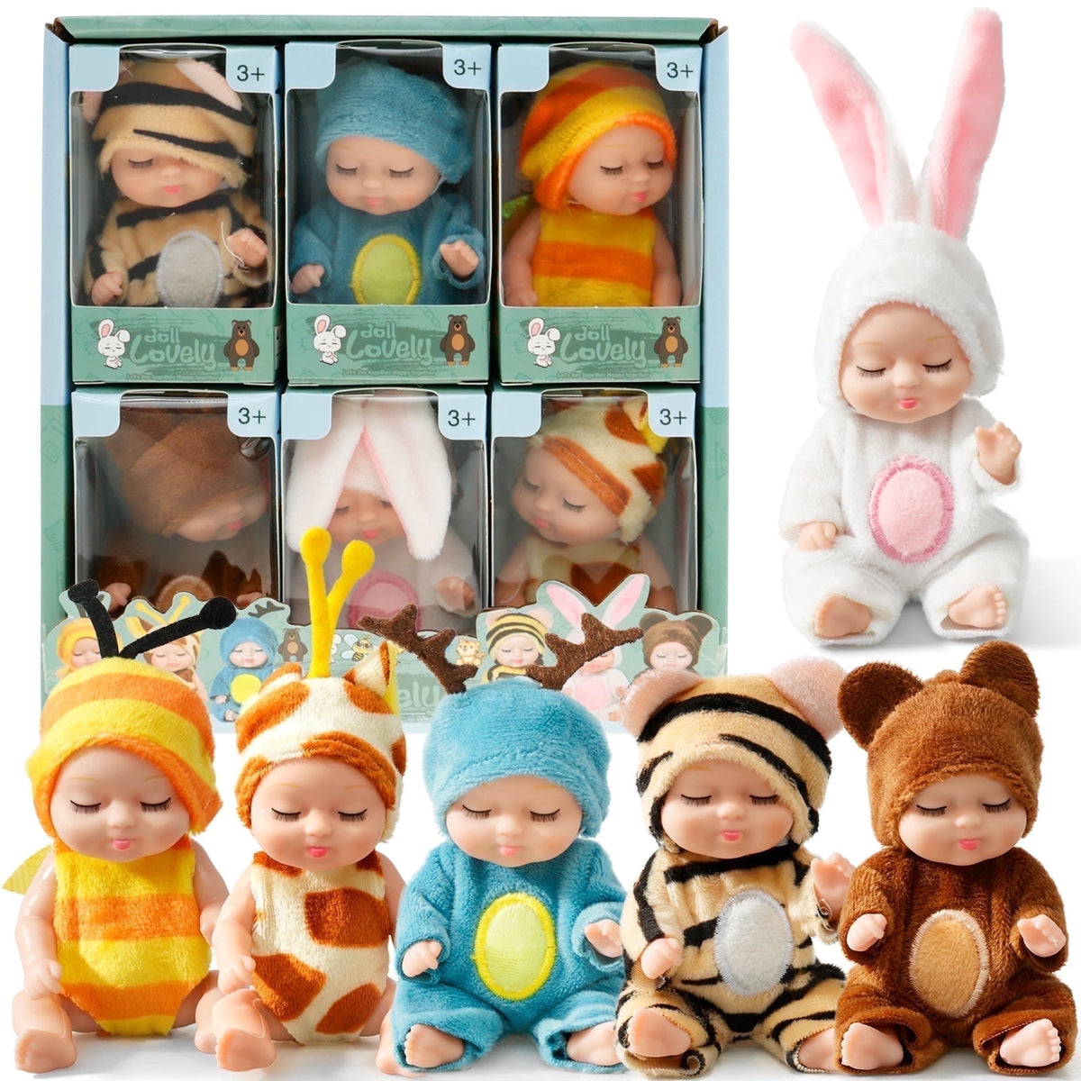 Six mini baby dolls in animal outfits with the retail gift box