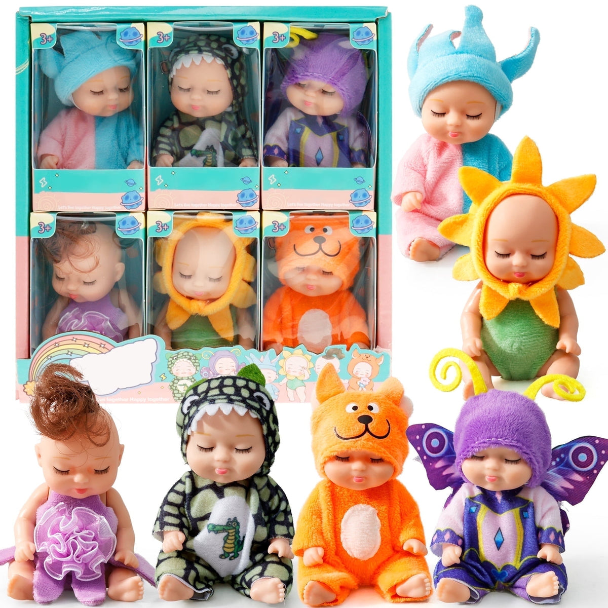 Six mini baby dolls in butterfly and flower outfits with the retail gift box