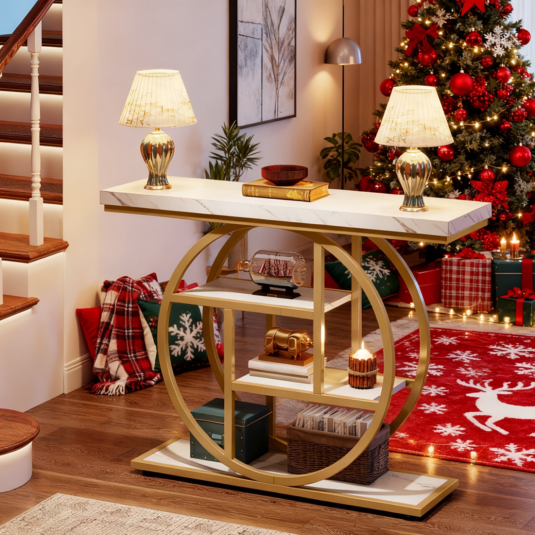 Luxury Gold Console Table with Marble Top, Modern Entryway Sofa Table
