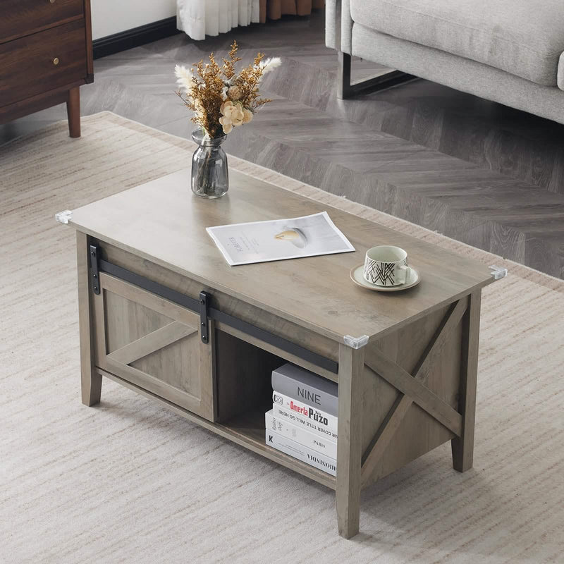 Lift Top Coffee Table 36" Farmhouse Rustic Wood Hidden Storage & Sliding Barn