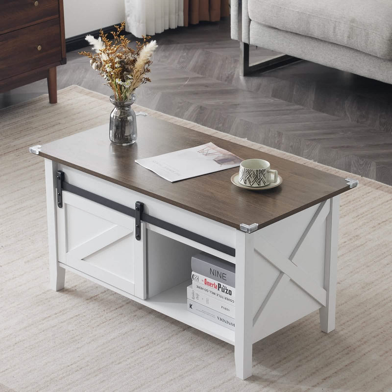Lift Top Coffee Table 36" Farmhouse Rustic Wood Hidden Storage & Sliding Barn
