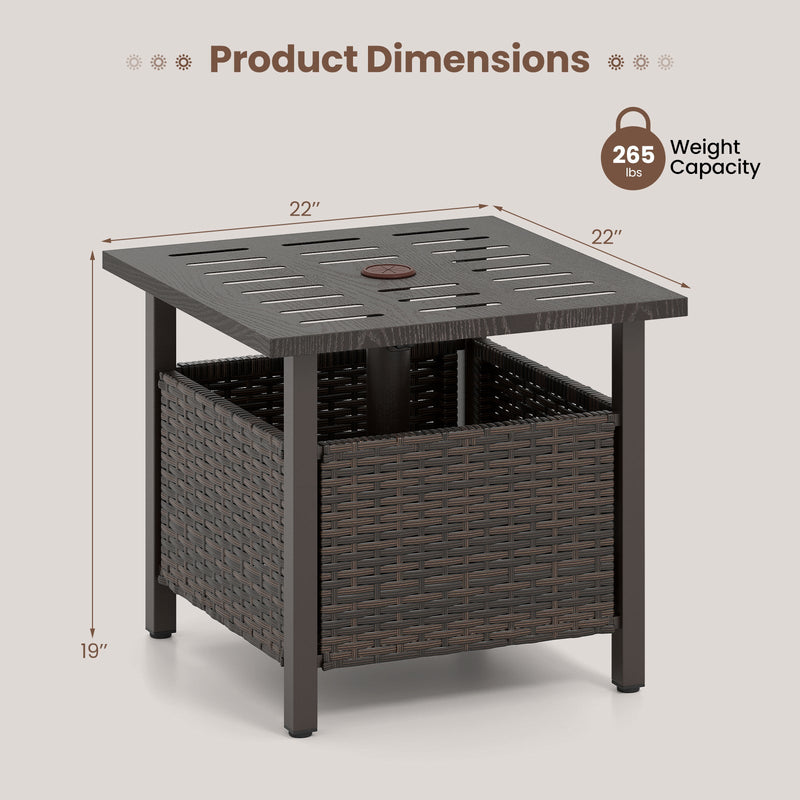 Outdoor Side Table All-Weather PE Wicker Patio Table with Umbrella Hole