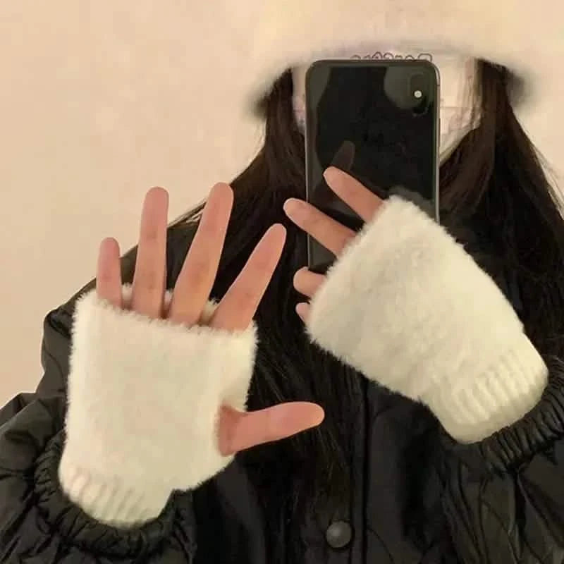 Solid Color Plush Knitted Fingerless Gloves – Warm Half-Finger Winter Gloves for Women