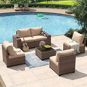 8-Piece Patio Furniture Set with 44" Fire Pit Table, Wicker Rattan Outdoor Sectional Sofa with Coffee Table and Thickened Cushions