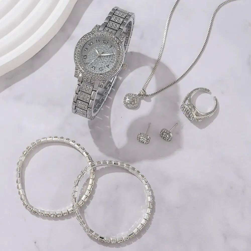 6-Piece Women's Rhinestone Bracelet Quartz Watch Set – Alloy Crystal Wristwatches for Ladies Gift
