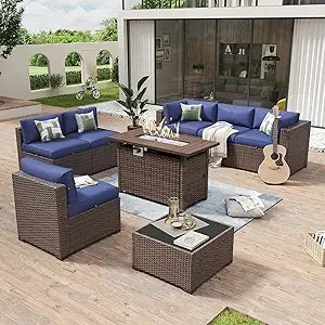 8-Piece Patio Furniture Set with 44" Fire Pit Table, Wicker Rattan Outdoor Sectional Sofa with Coffee Table and Thickened Cushions