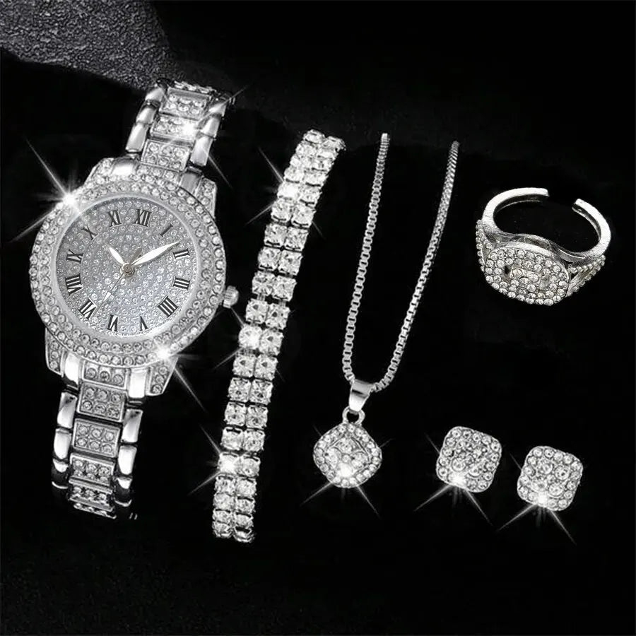 6-Piece Women's Rhinestone Bracelet Quartz Watch Set – Alloy Crystal Wristwatches for Ladies Gift
