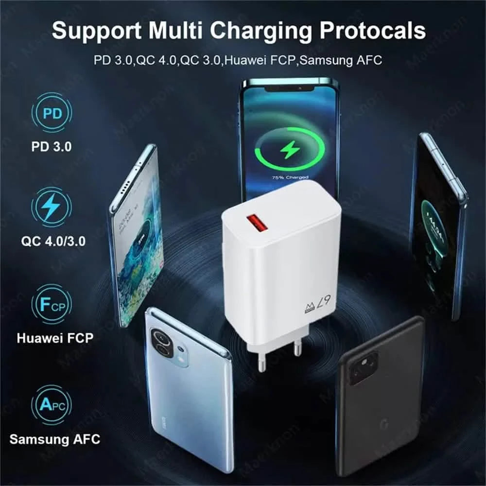67W GaN USB-C Fast Charger with EU/US/UK Plugs & 10A Type-C Cable, Fast PD Charging for iPhone Samsung Xiaomi Huawei