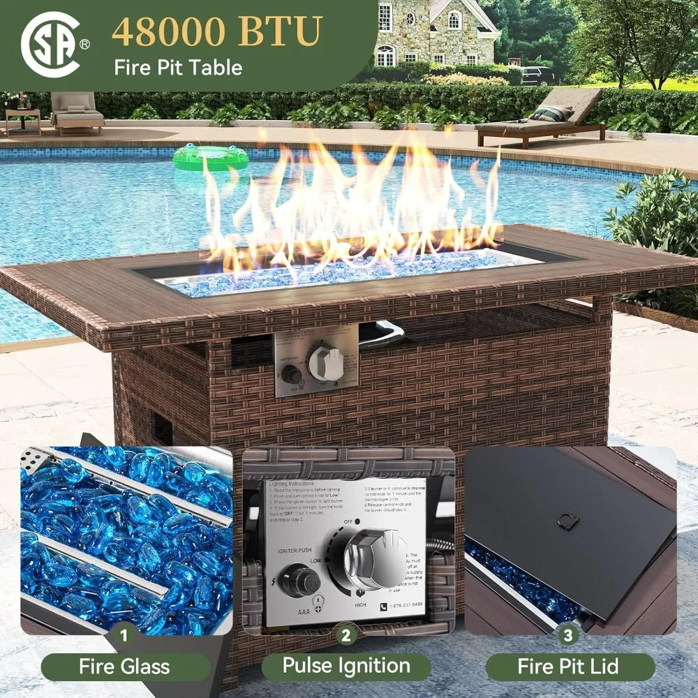 8-Piece Patio Furniture Set with 44" Fire Pit Table, Wicker Rattan Outdoor Sectional Sofa with Coffee Table and Thickened Cushions