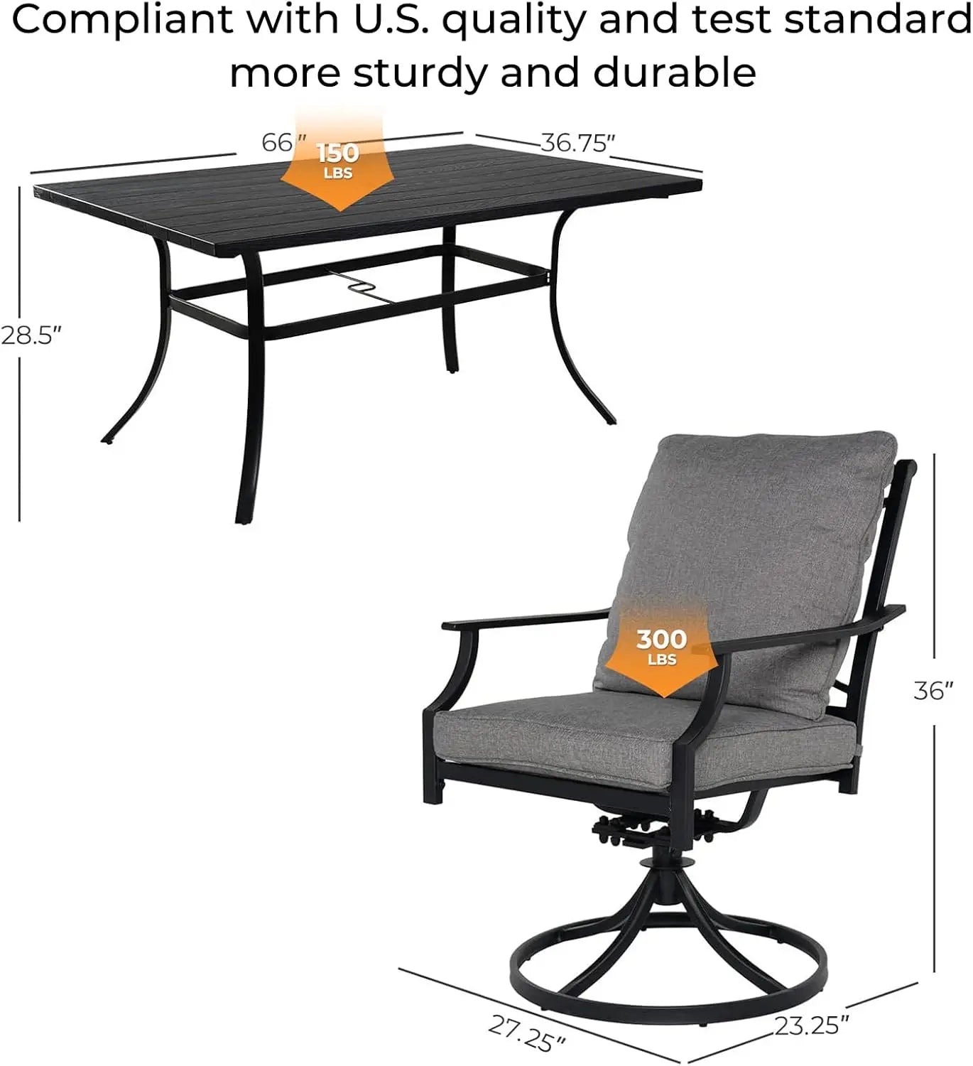 7-Piece Patio Dining Set for 6, Outdoor Swivel Chairs with Olefin Cushions & Black Rectangular Faux Woodgrain Dining Table