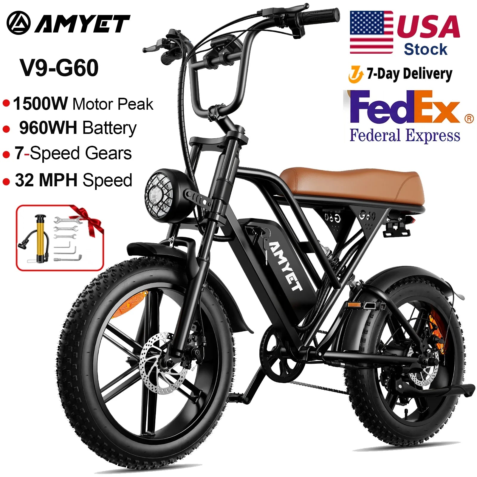 AMYET V9-G60 Electric Mountain Bike - 1000W, 48V, 20AH