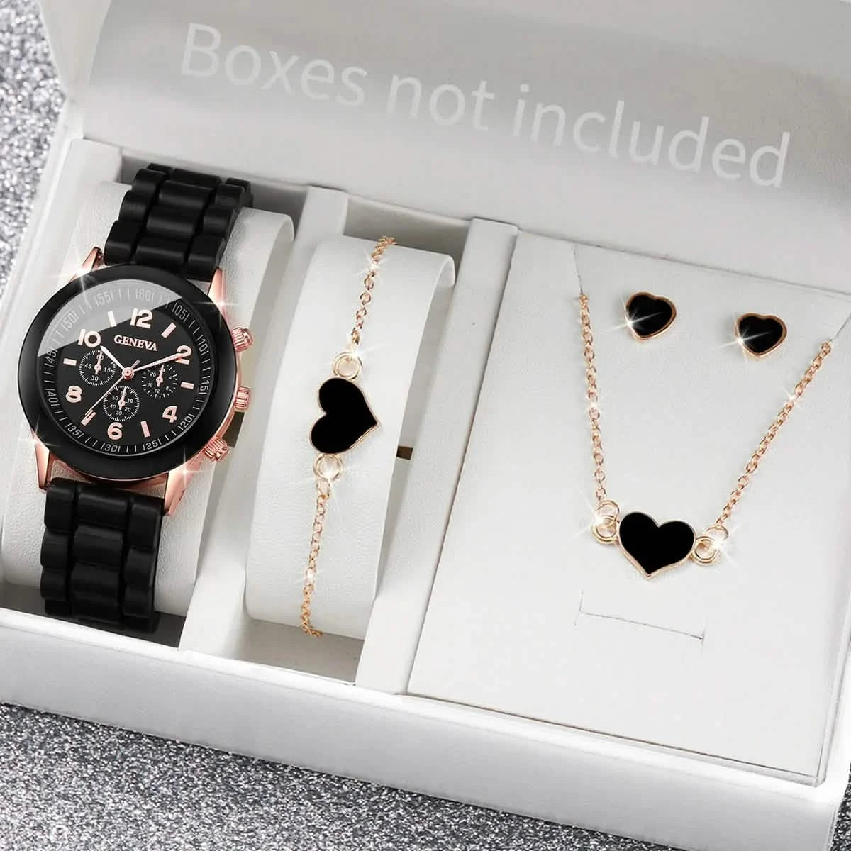 5/6-Piece Women's Quartz Watch Jewelry Gift Set – Silicone Band Watch with Bracelet, Necklace & Earrings