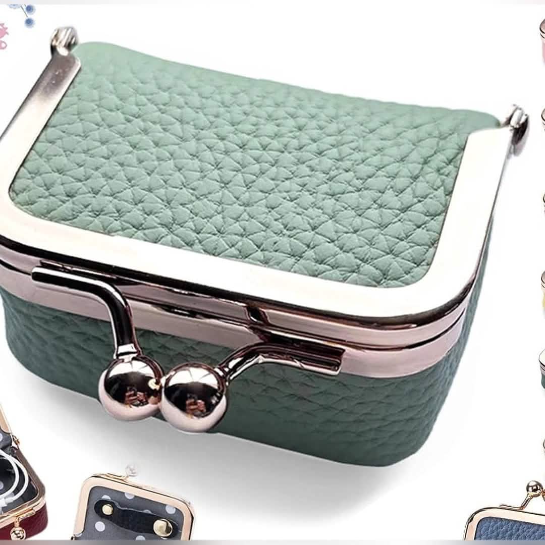 Sage green mini leather jewelry box with gold kiss lock