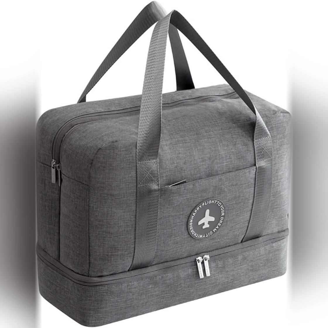 Gray travel duffel bag with separate base compartment