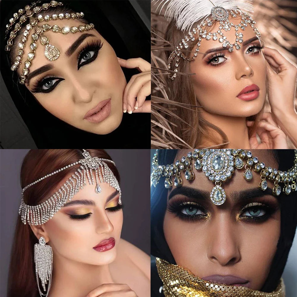 Vintage Rhinestone Head Chain Forehead Headband Indian African Bohemian Hair Accessories Crystal Fringe Tiara Headdress