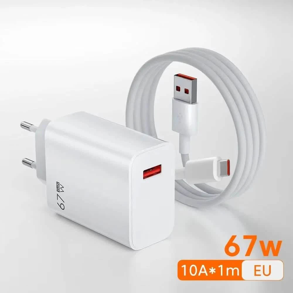 67W GaN USB-C Fast Charger with EU/US/UK Plugs & 10A Type-C Cable, Fast PD Charging for iPhone Samsung Xiaomi Huawei