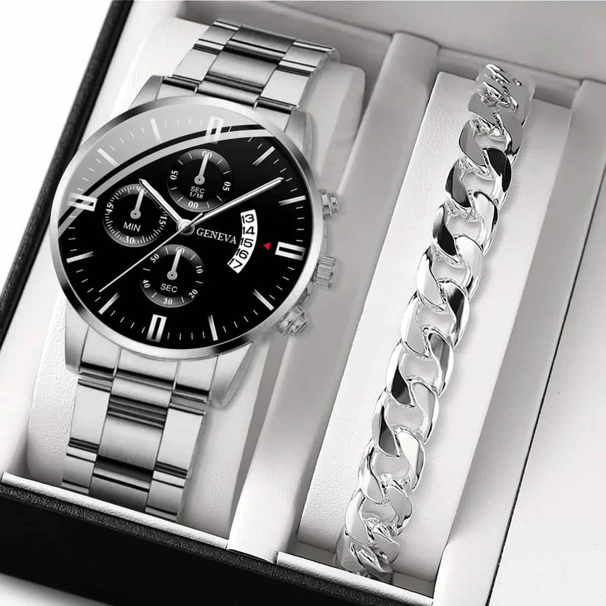 2-Piece Men's Business Quartz Watch and Bracelet Set - Alloy Steel Band, Calendar, Folding Clasp