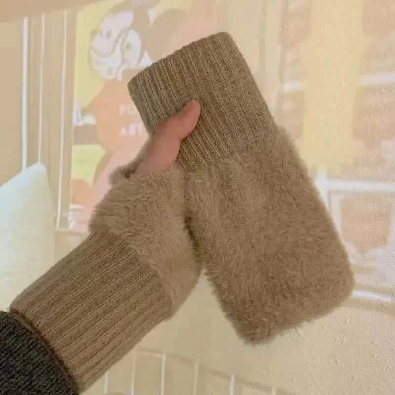 Solid Color Plush Knitted Fingerless Gloves – Warm Half-Finger Winter Gloves for Women