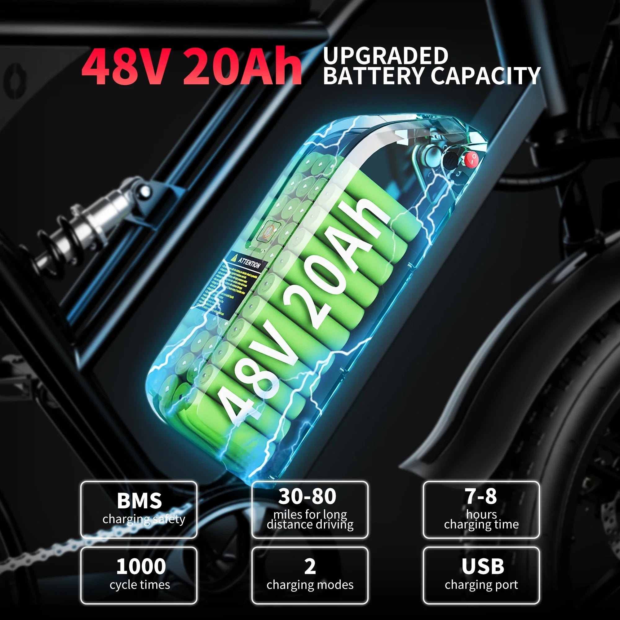 AMYET V9-G60 Electric Mountain Bike - 1000W, 48V, 20AH