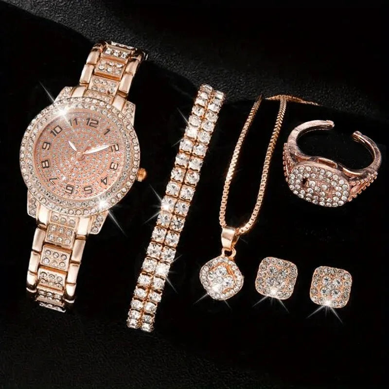 6-Piece Women's Rhinestone Bracelet Quartz Watch Set – Alloy Crystal Wristwatches for Ladies Gift