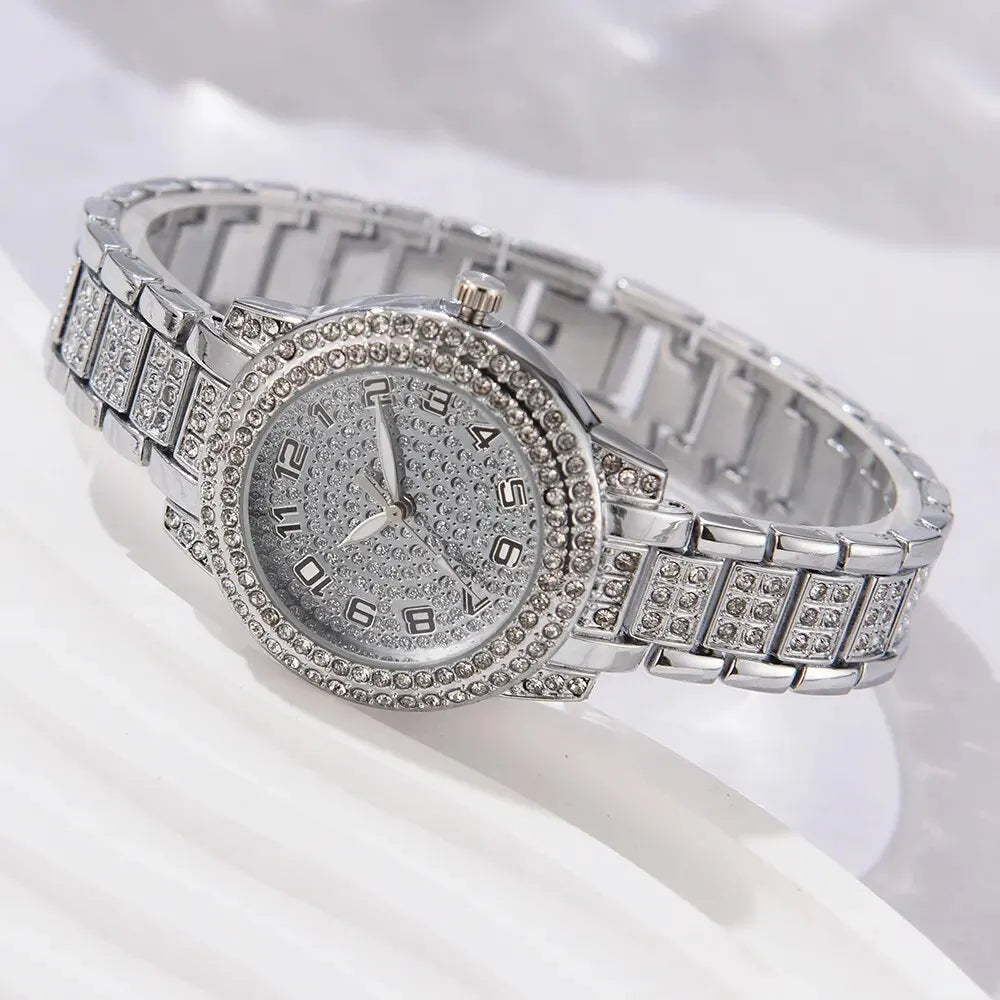 6-Piece Women's Rhinestone Bracelet Quartz Watch Set – Alloy Crystal Wristwatches for Ladies Gift