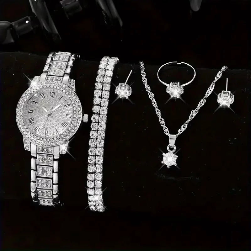6-Piece Women's Rhinestone Bracelet Quartz Watch Set – Alloy Crystal Wristwatches for Ladies Gift