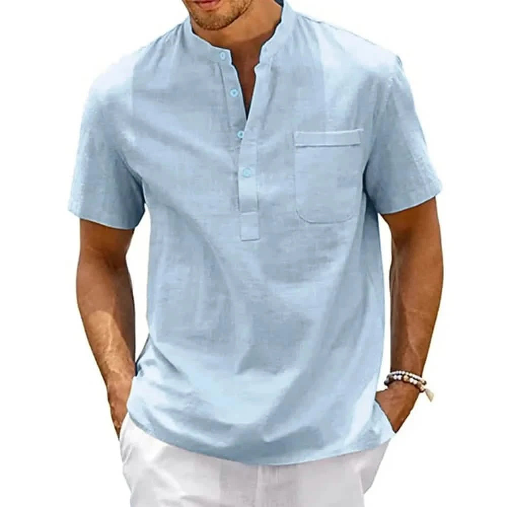 Men's Cotton-Linen Henley Short Sleeve Tee – Breathable Lightweight Casual Top
