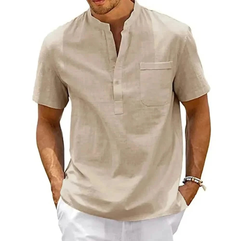 Men's Cotton-Linen Henley Short Sleeve Tee – Breathable Lightweight Casual Top