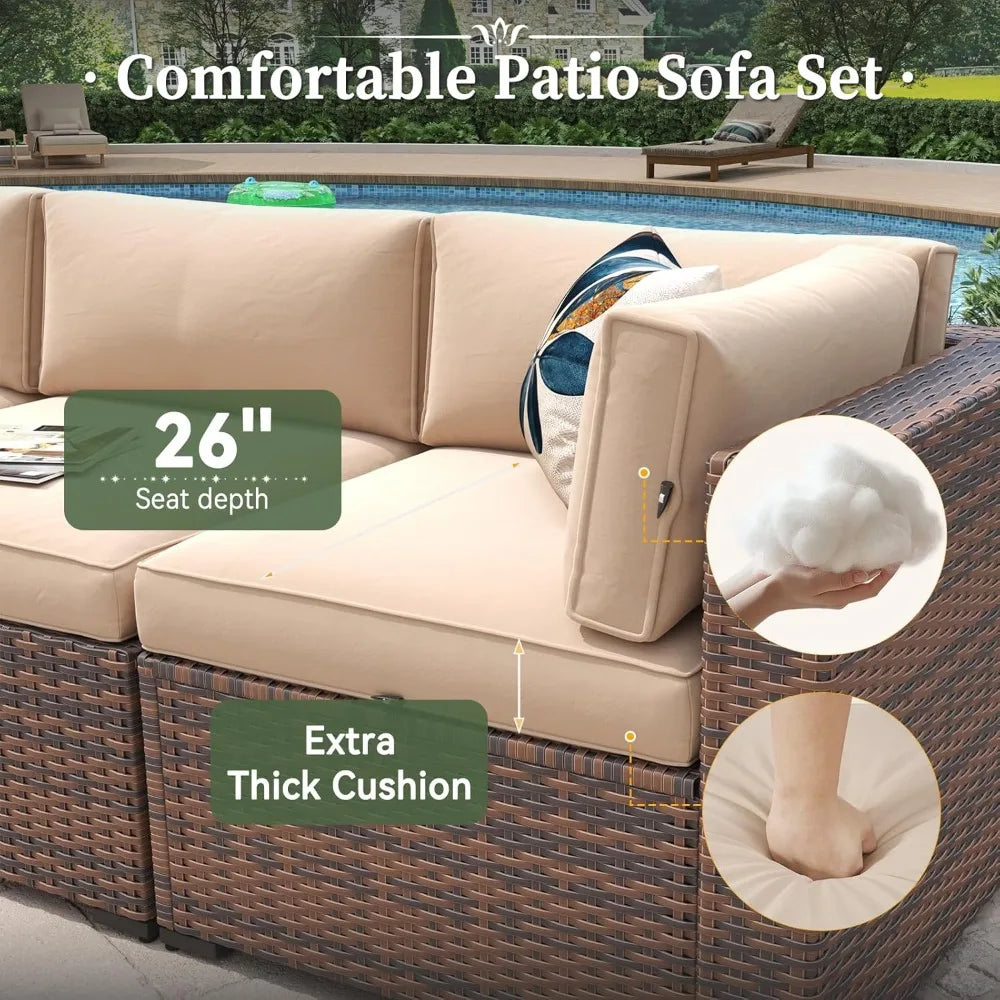 8-Piece Patio Furniture Set with 44" Fire Pit Table, Wicker Rattan Outdoor Sectional Sofa with Coffee Table and Thickened Cushions