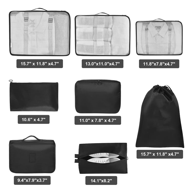 8-Pack: Lightweight Compact Organizing Packing Cubes for Suitcases Travel Essential with Toiletries Bag