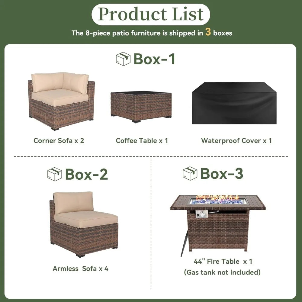 8-Piece Patio Furniture Set with 44" Fire Pit Table, Wicker Rattan Outdoor Sectional Sofa with Coffee Table and Thickened Cushions